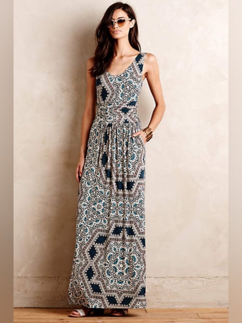 Anthropologie Maeve Navy and Cream Geometric Print Maxi Dress- Size Small